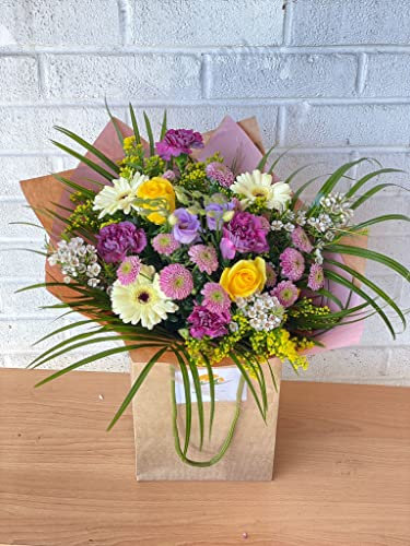 Flowers That Sing Fresh floral Bouquet with Yellow Rose, Purple Carnations, White Gerberas, Seasonal Blooms– Long-Lasting Floral Autumn Arrangement for Occasions and Gifting