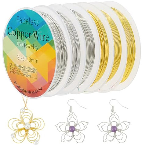 FINGERINSPIRE 18&20&22 Gauge(1/0,8/0,6mm) Schmuckdraht zur Schmuckherstellung 6 Rollen Basteldraht Anlaufbeständiger Kupferperlendraht für Ringdraht und Zubehör zur Schmuckherstellung (Gold/Silber)