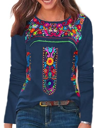 Melliflo Chemises mexicaines à manches longues pour femme, chemisier paysanne brodé floral, style ethnique, bohème