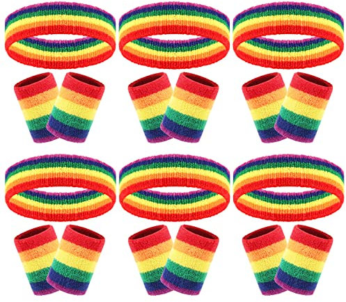 18-teiliges Schweißband-Stirnband-Armband-Set, bunt, gestreift, Frottee, Sport, Fitnessstudio, 80er Jahre, Schweiß-Stirnbänder, Handgelenkbänder (6er Pack-Regenbogen)