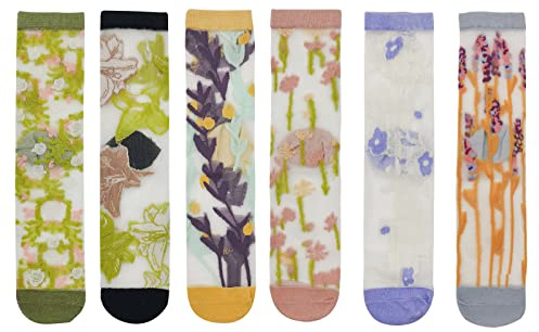 Andiker 6 Pairs Women Sheer Socks, Flower Printed Embroidery Breathable Lace Socks, Casual Ankle High Mesh Sock for Women and Girls