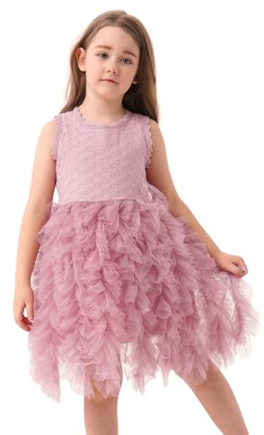 Miipat Vestido Bebés Niña Tul Sin Mangas de Verano de Princesa Vestidos de Volantes Bordado con Flores Vestido Niña para la Fiesta Boda de Cumpleaños Frijoles Rosa 130 5-6 Años
