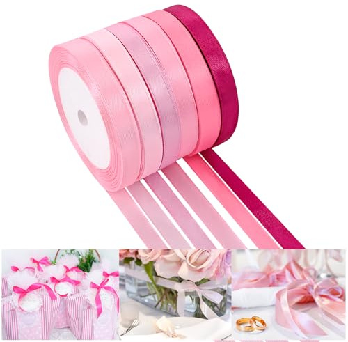 NACHLYNN 150 Yards Rainbow Satin Ribbon Wide Polyester Fabric Ribbon Use for Gift Wrap Wedding Bridal Baby Shower Bows Decor Flower Bouquet Crafts (Pink, 3/8 inch)