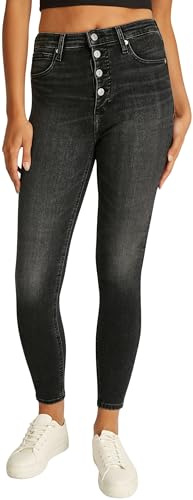 Calvin Klein Damen Jeans Hose High Rise Super Skinny Ankle mit Knopfleiste, Schwarz (Denim Black), 34W
