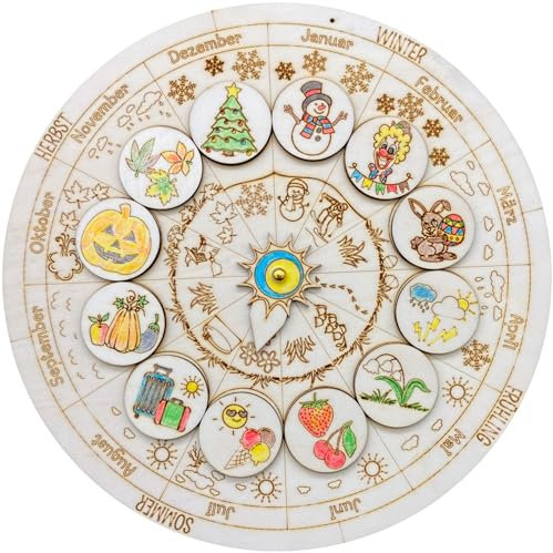 Printin3D Jahreszeitenuhr, Holz-, Mal- und Bastelset für Kinder, Jahresuhr, Jahreskreis inkl. Buntstiften. Basteln, Lernen, Spielen, Jahreszeiten, Monate, Wetter