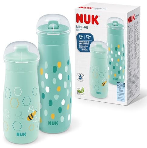NUK Mini-Me Toddler Cup Set | Sip & Flip Cups | 9-12+ Months | 300 ml & 500 ml | Kids Water Bottles | Leak-Proof Toughened Spout & Straw | Shatter-Proof | Mint Dots & Bee