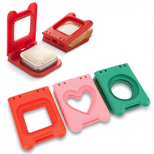 Cortador de Sándwich sin Corteza de 3 Piezas para Almuerzo de Niños, Cortador de Sándwich sin Corteza 2 en 1, Juegos de Cortadores de Sándwich Seguros - Rectangular Rojo/redondo