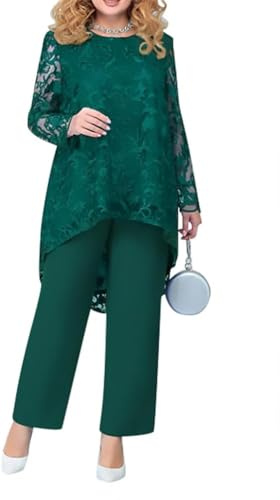 Yancremio Conjunto de Pantalones de Mujer Vacaciones Elegante Moda Top de Encaje y Pantalones Rectos de Cintura Alta Set Madre de la Novia Traje Informal para invitadas de Boda (Verde,3XL)