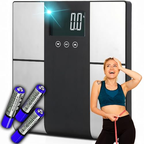 Retoo Personenwaage Digital Körperwaage Waage Personen bis 225 kg Genauigkeit Gestaffelt auf 100g Muskelmasse Körperfett Wassermessung LCD-Display Gehärtetem Glas Große 31x21cm Schwarz Silber