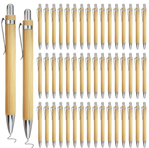 LEKEFETO Lot de 50 stylos rétractables en bambou, stylos durables, naturels et respectueux de l'environnement sans plastique pour bureau et maison