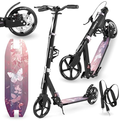 HyperMotion Doppelrad-Scooter für Jugend und Erwachsene, mit Stoßdämpfer, Skyline, Pink, Aluminium, Belastbar bis 100kg, ab 6 Jahren, Große Räder, Hand- und Fußbremse, Faltbar + Gürtel