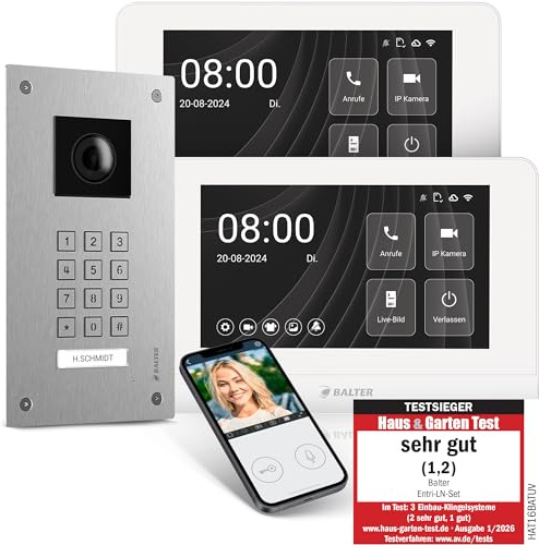 Entri Video Türsprechanlage, Unterputz Türklingel mit Kamera, Smartphone App, 1 Familienhaus, Video Türklingel, 2x7“ HD-Monitor, Full HD Kamera, Gegensprechanlage mit Türöffner und Numpad, 2 Draht Bus