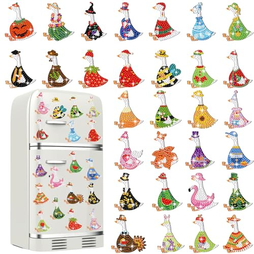 Liliaafar 30 Pcs Diamond Painting Magnets Set Diamond Art Magnets for Fridge Refrigerator Magnetic Stickers for DIY Crafts 5d Rhinestones Gem Art Painting Kits for Adults Beginners(Goose)