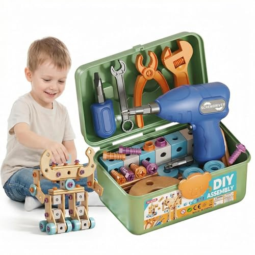 AURIVEE® Cassetta degli Attrezzi per Bambini con Trapano Elettrico – 172 Pezzi Gioco di Costruzione, Giocattolo Utensile Montessori per Ragazzi Ragazze 4-6 Anni