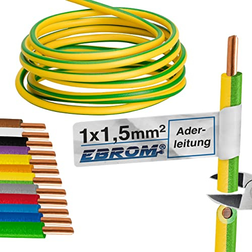 EBROM H07V-U Câble conducteur rigide – Câble en PVC – Câble de câblage – H07V-U 1,5 mm² – 1,5 mm² – Couleur : vert jaune – Plusieurs longueurs au choix, de 10 m à 100 mètres – Longueur sélectionnée :