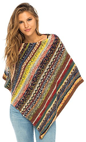 Back From Bali Womens Colorful Knit Poncho Sweater Cape Soft Striped Boho Tunic Shawl Multicolored