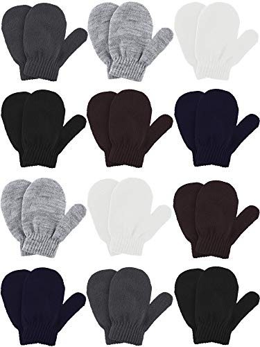Boao 12 Pairs Toddler Mittens Bulk Kids Winter Knit Gloves pack Childrens Stretch Mittens for Toddler Boys Girls(1-3t,Black，white，gray，dark Gray，dark Brown)