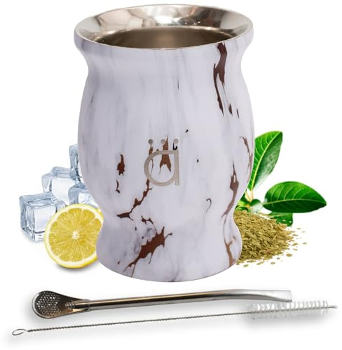 Kalmateh Yerba Mate Cup/Gourd 8.6oz, Stainless Steel Tea Cup, 3 Pcs Set Includes Bombilla Filter Straw & Cleaning Brush
