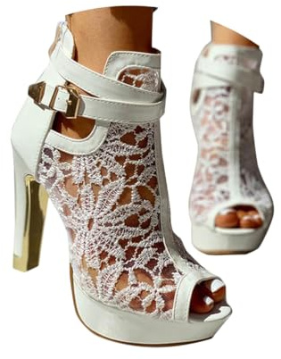 Minetom Sandales Femme Été High Heels Sandale Escarpins Tête De Poisson Plateforme Talon Block Sandales Dentelle Creuse Soirée Parties Mariage Chaussure A Blanc 37 EU