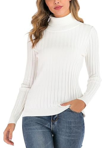 Yukiuiny Women Polo Neck Jumpers Turtleneck Sweater Rib-Knit Long Sleeve Pullover for Autumn Winter Christmas New Year,A-Cream White/L