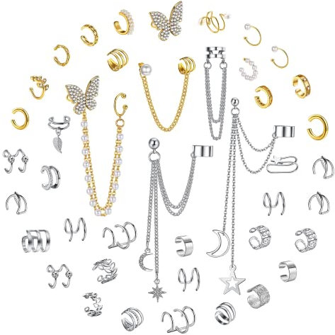 Diamday 42Pcs Ear Cuffs for Women Fake Ear Cuffs Chain Earrings Dangle Cartilage Clip on Earrings Butterfly Claw Ear Cuffs Punk Wrap Earrings Adjustable Ear Jewelry Set Gold-Sliver
