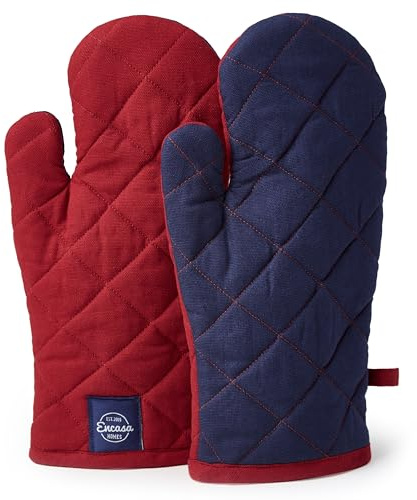 Encasa XO Guanti da forno in cotone resistente al calore (Set di 2) - 17x29 cm - Per la cucina, cucinare e cuocere al forno, sicuro maneggiare pentole e padelle bollenti - Rosso