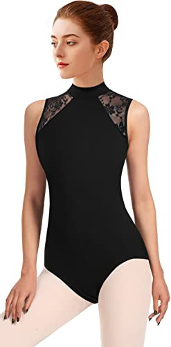 DANSHOW Damen Spitze Ballett Trikot für Tanz Mock Neck, Erwachsene Wassertropfen Hohl Rücken Turn-Leotards für Damen(7030-06-L)