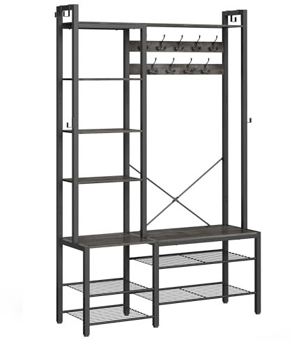 VASAGLE Garderobenständer mit Schuhbank, Garderobe, 5 Regalebenen aus Spanplatten, 9 Dreifach-Haken, 6 seitliche Haken, 40 x 120 x 190 cm, steingrau-tintenschwarz HSR426B04