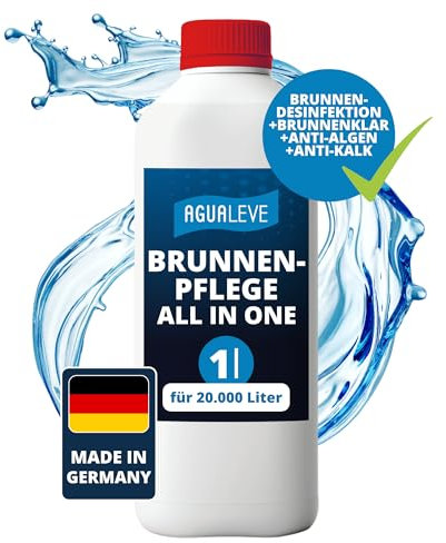 AGUALEVE® Brunnenpflege All in One 1 Ltr. *NEU* | Desinfektion, Algenschutz, Kalkschutz und Kristallklareffekt | für alle Brunnen geeignet, die Nicht säureempfindlich sind | Made in Germany
