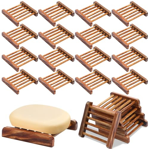 Amyhill 25 Pcs Bamboo Wood Soap Dish Bulk Bathroom Wooden Soap Holder Savers Self Draining Dishes Handcraft Tray, 3.3 x 3.3 x 0.67 Inch (Charcoal Color)