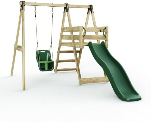 Rebo Glide Wooden Single Swing Set with 6ft Slide and Swing Seat – Orchid (Dark Green Baby Swing) | OutdoorToys | Kids Outdoor Wooden Play Equipment for Gardens, Frame & Accessories Included
