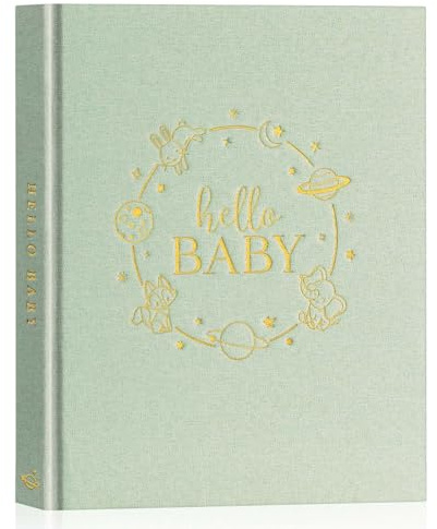 Lanpn Album Bebe Primer 5 Año para Niña Niño, Libro Recuerdos Bebé para Pegar Fotos y Escribir, Hello Baby Libros Cuaderno Diario Álbum Fotos Bebe Regalo Recién Nacido (Verde,154 Páginas, Inglés)