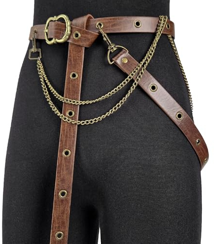 HiiFeuer Medieval Faux Leather Chain Belt, Adjustable DIY Brown Thin Belt