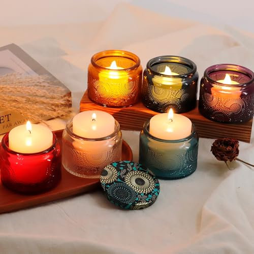 Acetiti Set of 6 Colorful Tea Light Candle Holders, Vintage Votive Glass Candle Holder with Lid Tealight Holders for Table Centerpiece Wedding Birthday Party Home Décor