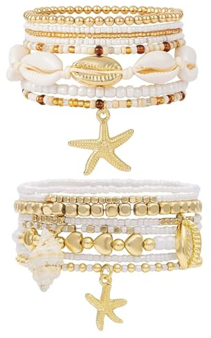 EDLMKM 16 pcs Summer Beach Bracelets for Women, Boho Beaded Bracelet, Stackable Shell Seashell Starfish Beaded Stretch Surfer Ankle Bracelets Set, for Summer Beach Vacation Party