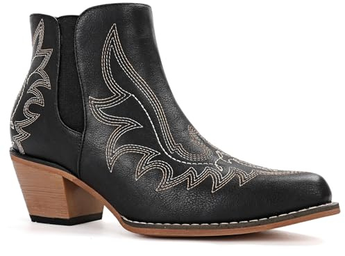 WOKOOT Ankle Cowboy Boots for Women Short Western Cowgirl Booties Embroidered Chunky Heel Fashion Snip Toe Casual Boot, Black Size 9.5