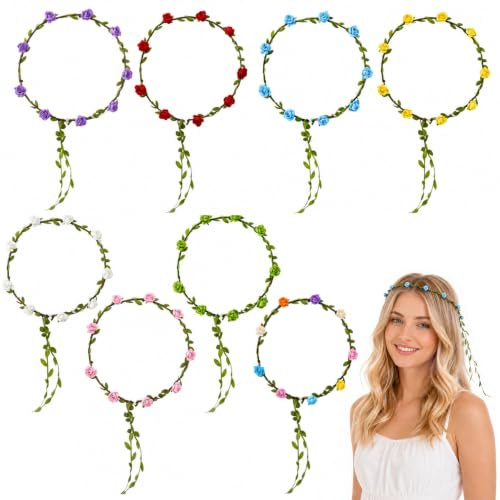 RhiVrillion Juego de 8 Diademas de Flores para Mujer y Niña, Corona de Flores para la Cabeza, Casquete Tocado para Comunión, Fiesta y Uso Diario