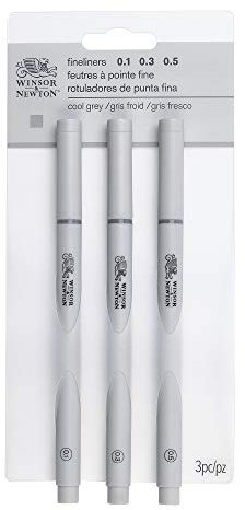 Winsor & Newton 0290108 Fineliner, Pigment Liner für exakte Linien und Outlines, hohe Qualität, Pigmenttinte, dokumentenecht, lichtbeständig Linenbreite, im Set 3 Stück in Grau