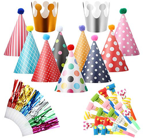 metagio 38 Stücke Partyhüte Set Party Hüte Lufttröte Pfeife Geburtstagshut Kegel Hüte Partyhütchen Geburtstag Party Supplies für Kindergeburtstag Festival Baby Shower