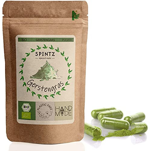 SPINTZ® 210 Stk. Bio Gerstengras Kapseln - 2700mg Bio Gerstengras Pulver je Tagesdosis - vegane Gerstengras Kapseln hochdosiert - | plastikfrei verpackt