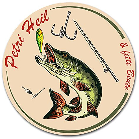 Fisch Aufkleber im Retro Stil 10x10cm Angeln Fischen Vintage Sticker für Auto Boot Angelkoffer Angel Zubehör wetterfest R164 (01 Hecht, Petri Heil)