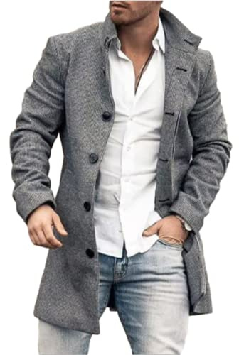 Qinvern Men's Trendy Stand-up Collar Mid-length Coat Fashion Single-breasted Slim Fit Comfortable And Versatile Everyday Casual Coat L