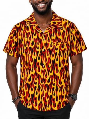 King Kameha Funky-Camisa-Hawaiana, Manga-Corta, Flames-Allover, Amarillo-Rojo, XL