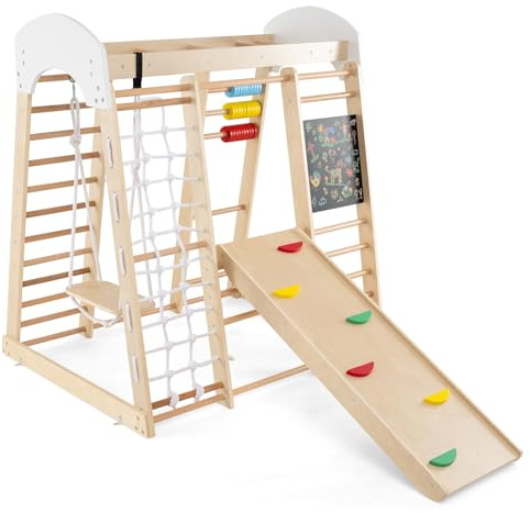 COSTWAY Set Escalada 7 en 1 para Niños,Escaldada de Madera con Rocas de Escalar y Escalera, Red de Escalada, Barra Horizontal, Centro Actividad de Interior para Niños 3+ Años(Natural)
