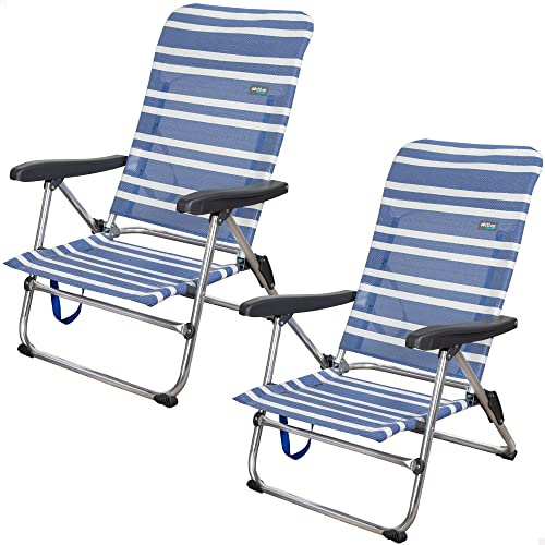 AKTIVE Camping - Lot de 2 Chaises de Plage Pliantes Mykonos, Multipositions avec Protections Anti-Renversement, Économique, 46,50 X 50 X 85 cm, Bleu et Blanc