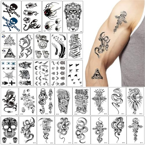 Tatuajes Temporales Adultos, 30 Hojas Largo Calcomanias Tatuajes de Flores, Tatoos Temporales Adultos y Niños Impermeables, Pegatinas Tatuajes Temporales Hombre y Mujer para Halloween Navidad