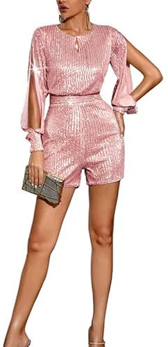 VIVICOLOR Damen Silber Pailletten Einteiler Jumpsuit Glitzernd Glitter Kurz Bodycon Romper Party Clubwear