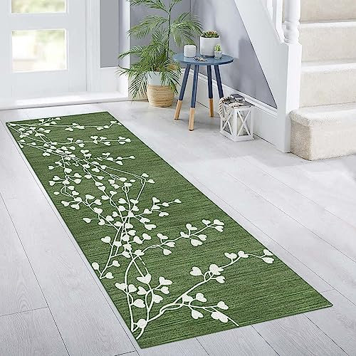 Siunwdiy Teppich Läufer Flur rutschfest Modern weißes Blatt Muster 80x320cm Grün Meterware Waschbar Teppichläufer Schlafzimmer Korridor Küchenlaufer Lang, Anpassbare Größe, 40-140cm Breit