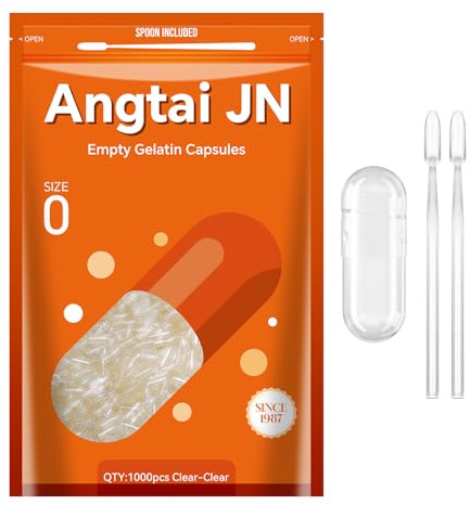 AngtaiJN Capsule Gelatina Vuote 0-Capsule Vuote Trasparenti da Riempire con 2 Microcucchiai, Capsula di Gelatina 0 Fai Da Te Compatibile con il Riempitore di Capsule Misura 0, 1000 pezzi