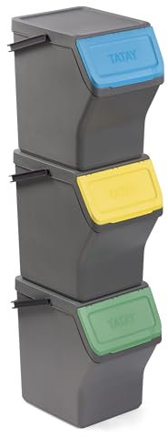 TATAY Mülltrennsystem Easy Waste 20L | 3er Set Recycling Behälter | Modular und Stapelbar | Deckel mit Klicksystem | Integrierter Tragegriff | Aus Recyceltem Material | 35x27x36 cm – Grau
